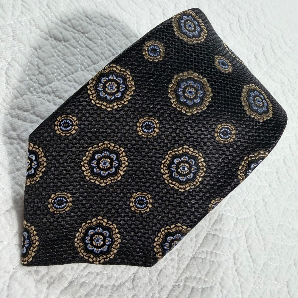 JZ Richards Mens Necktie Medallion Floral Geometric Black Gold All Silk USA EUC‎